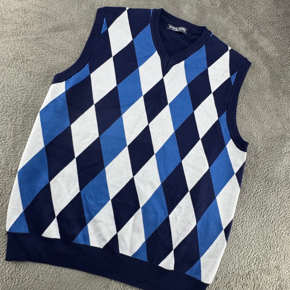 PJ Paul Jones Sweater Vest Mens 2XL Blue Argyle V-Neck Knit Excellent Preppy